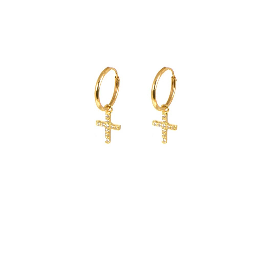 Pendientes aros cruz oro 18 kts