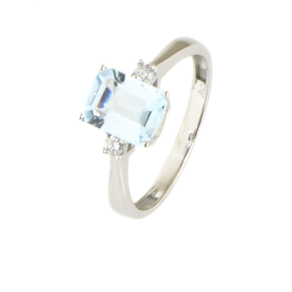 Anillo diamantes aguamarina oro blanco 18 kilates