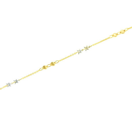 Pulsera oro 18 kts bicolor mujer corazones y estrellas